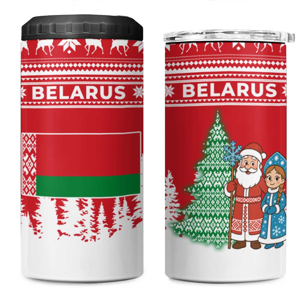 Belarus Christmas 4 in 1 Can Cooler Tumbler with Ded Moroz Snow Maiden Christmas Tree and Nordic Pattern Design - Wonder Print Shop