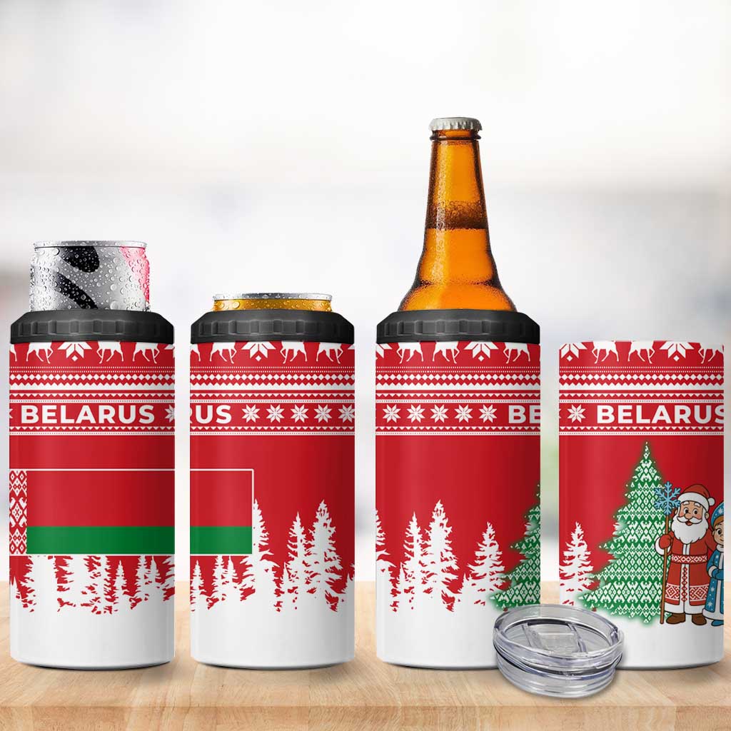 Belarus Christmas 4 in 1 Can Cooler Tumbler with Ded Moroz Snow Maiden Christmas Tree and Nordic Pattern Design - Wonder Print Shop