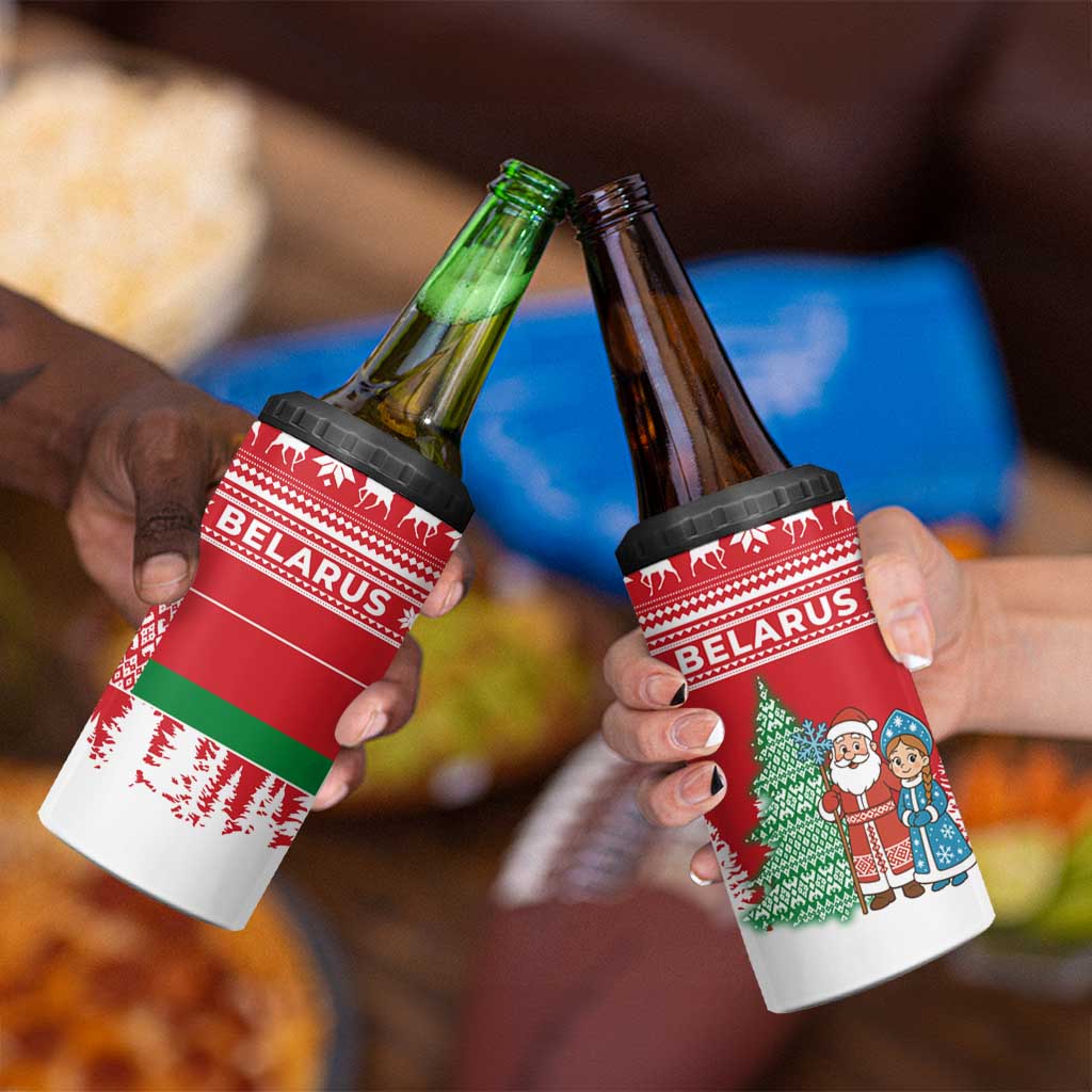 Belarus Christmas 4 in 1 Can Cooler Tumbler with Ded Moroz Snow Maiden Christmas Tree and Nordic Pattern Design - Wonder Print Shop