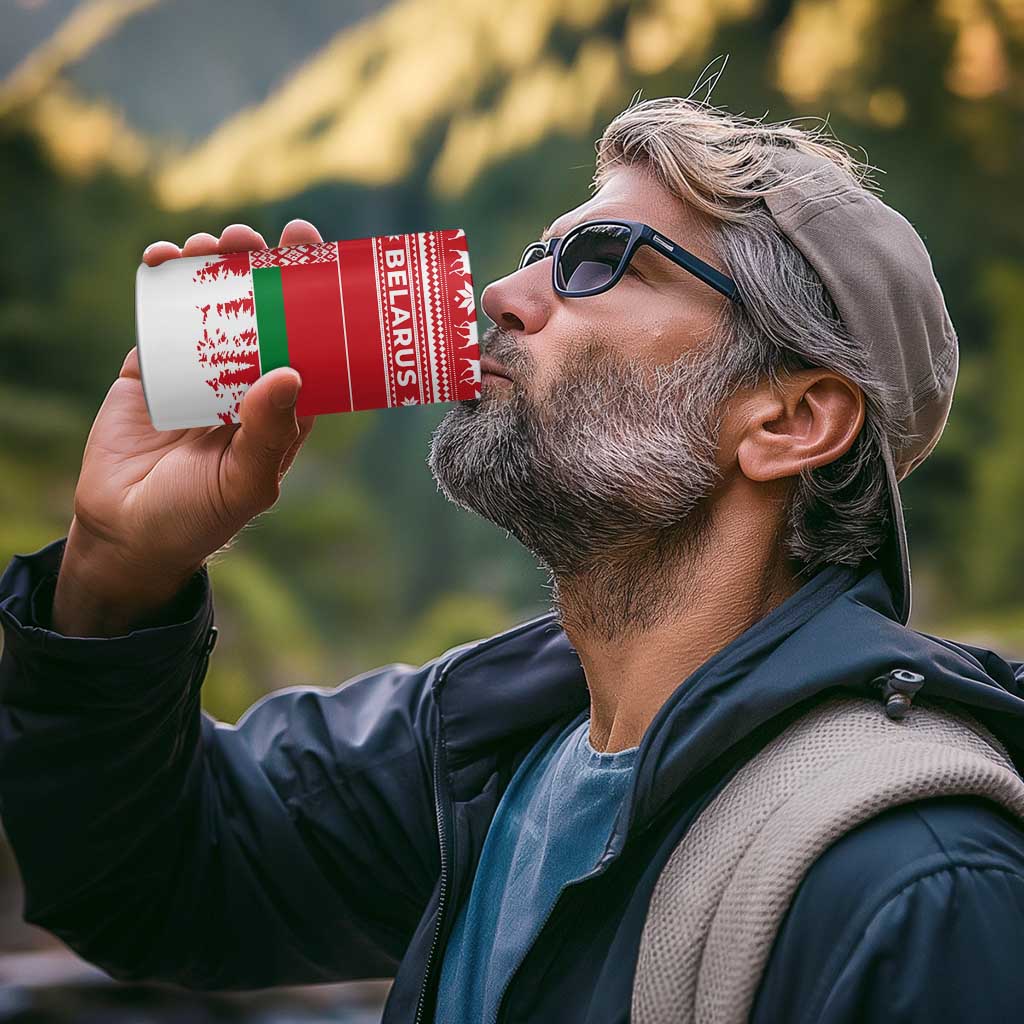 Belarus Christmas 4 in 1 Can Cooler Tumbler with Ded Moroz Snow Maiden Christmas Tree and Nordic Pattern Design - Wonder Print Shop