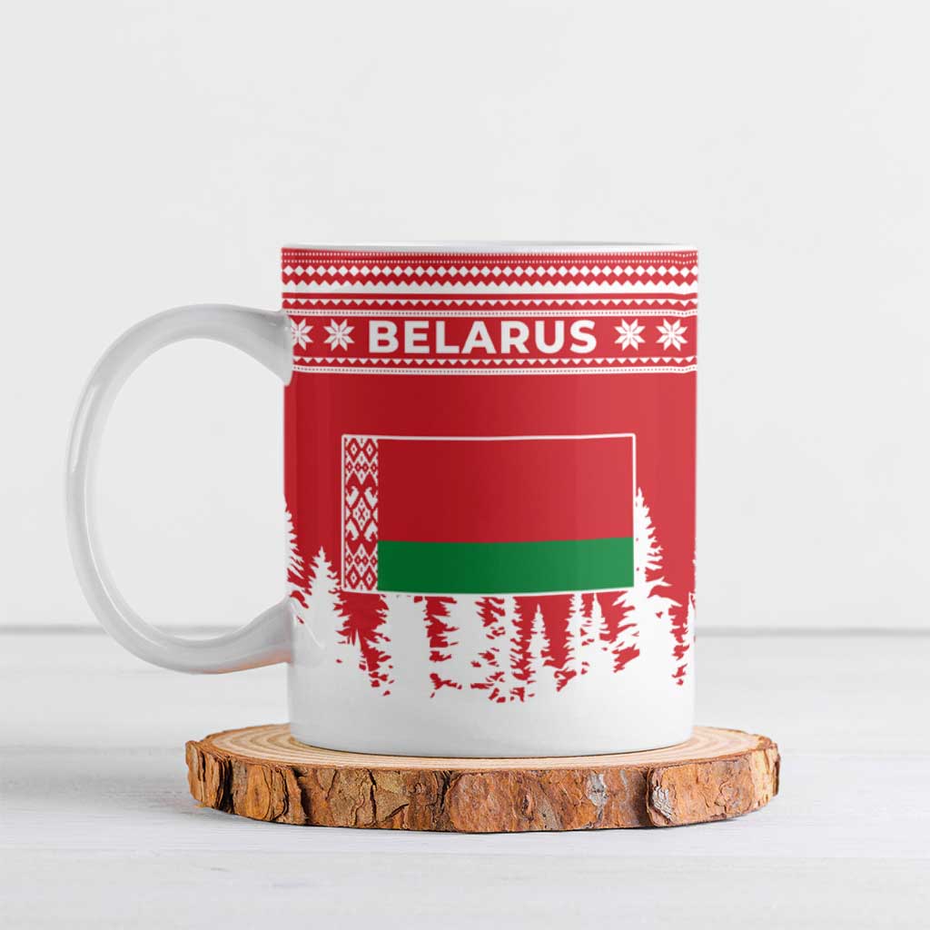 Belarus Christmas Ceramic Mug with Ded Moroz Snow Maiden Christmas Tree and Nordic Pattern Design - Wonder Print Shop