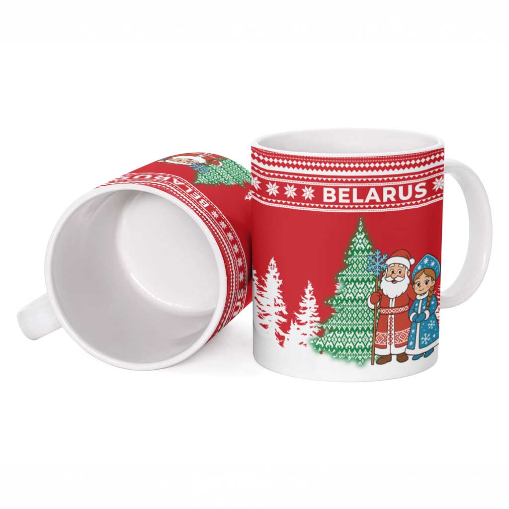 Belarus Christmas Ceramic Mug with Ded Moroz Snow Maiden Christmas Tree and Nordic Pattern Design - Wonder Print Shop