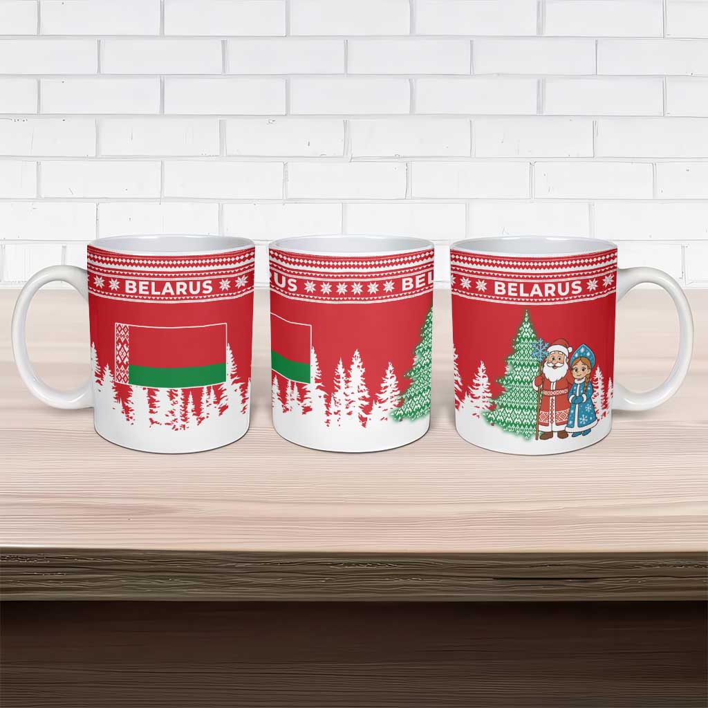 Belarus Christmas Ceramic Mug with Ded Moroz Snow Maiden Christmas Tree and Nordic Pattern Design - Wonder Print Shop