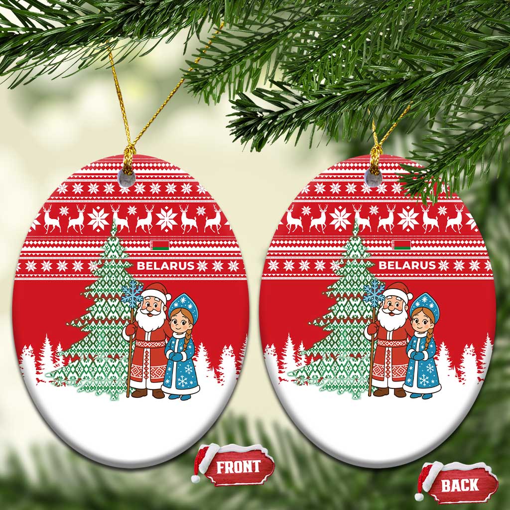Belarus Christmas Ceramic Ornament with Ded Moroz Snow Maiden Christmas Tree and Nordic Pattern Design - Wonder Print Shop