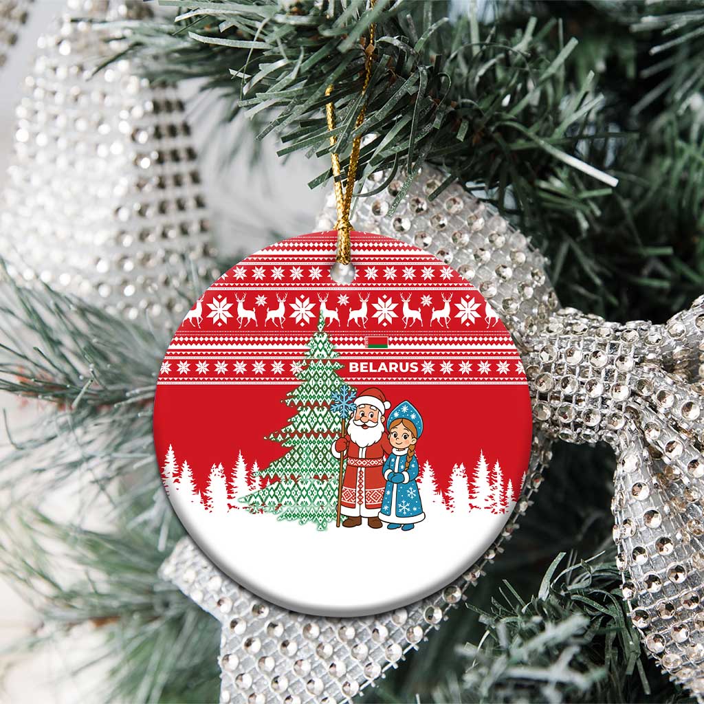 Belarus Christmas Ceramic Ornament with Ded Moroz Snow Maiden Christmas Tree and Nordic Pattern Design - Wonder Print Shop