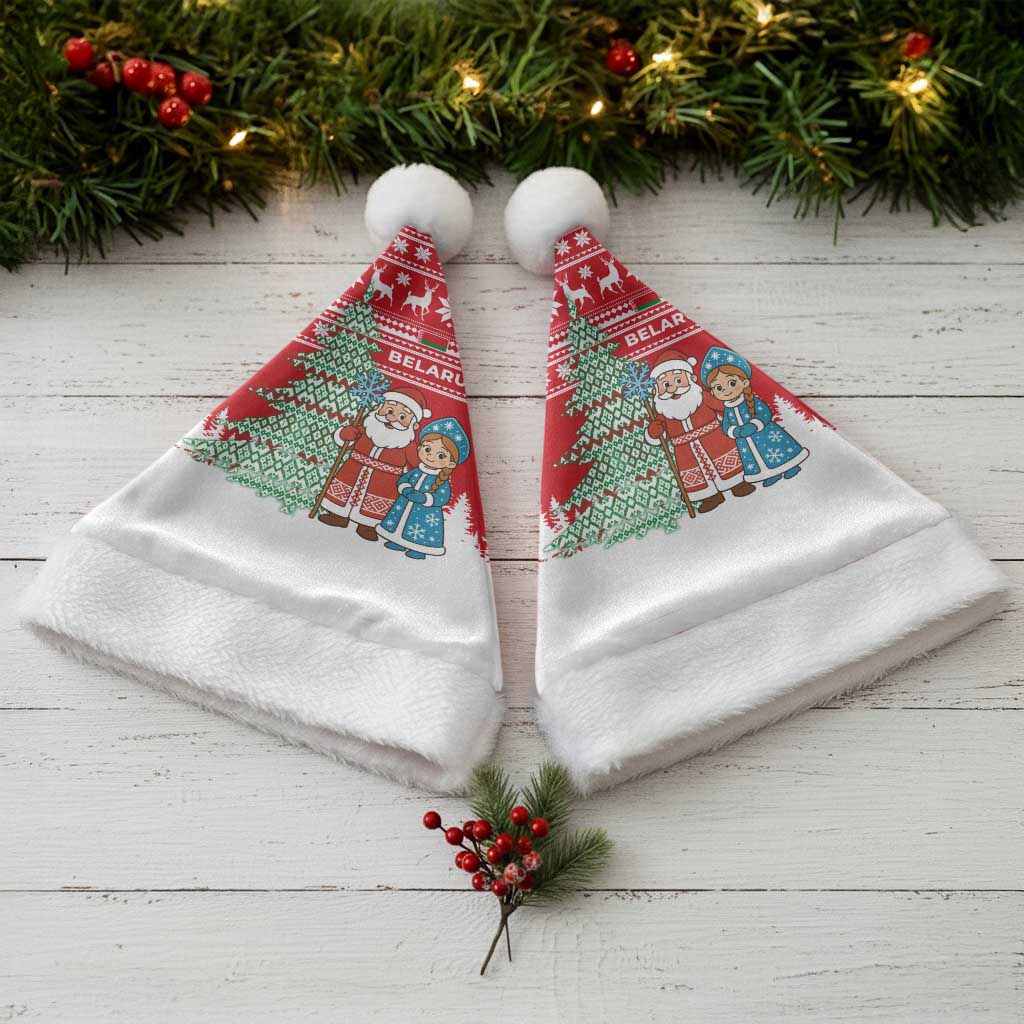 Belarus Christmas Santa Hat with Ded Moroz Snow Maiden Christmas Tree and Nordic Pattern Design - Wonder Print Shop