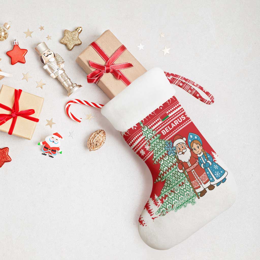 Belarus Christmas Stocking with Ded Moroz Snow Maiden Christmas Tree and Nordic Pattern Design - Wonder Print Shop