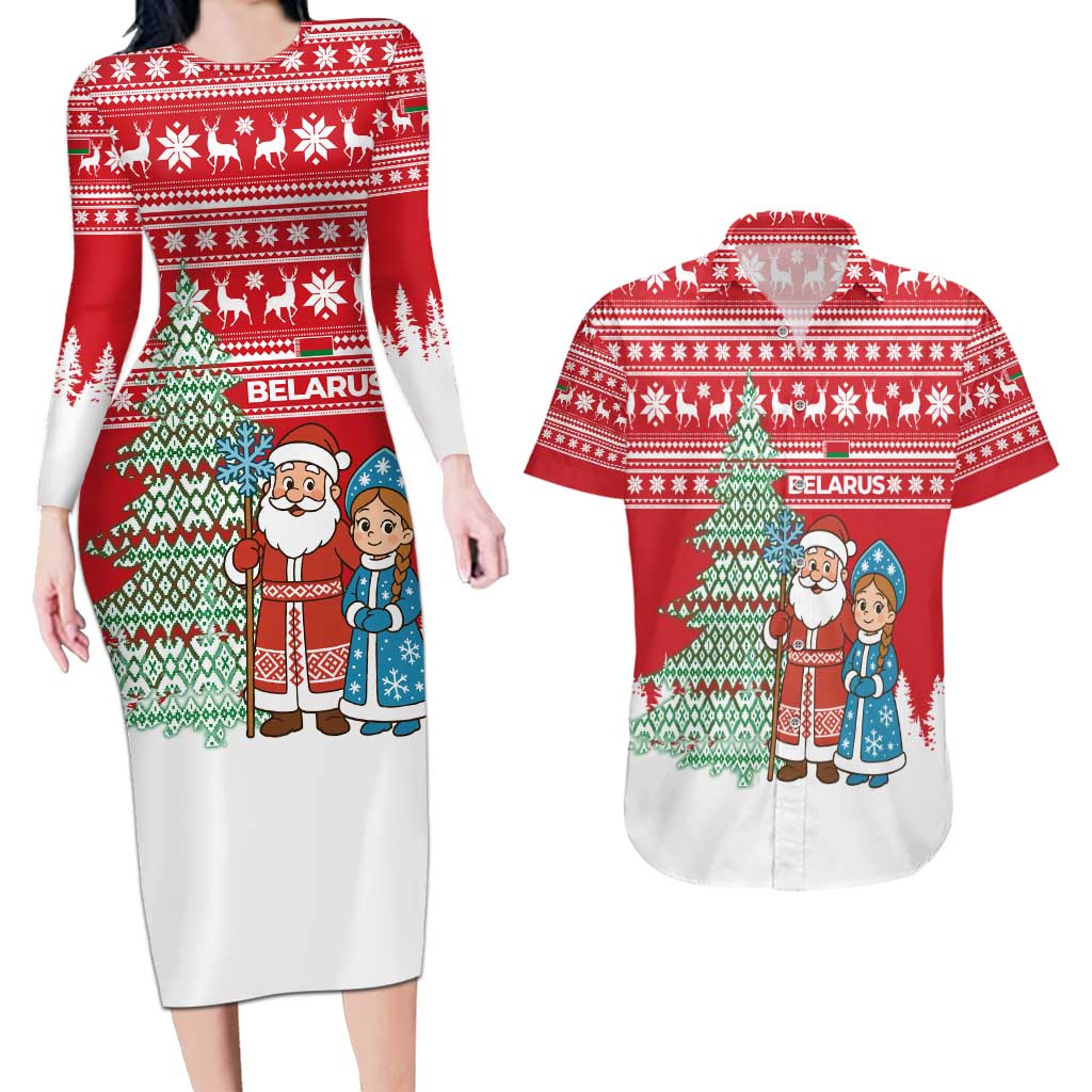 Belarus Christmas Couples Matching Long Sleeve Bodycon Dress and Hawaiian Shirt with Ded Moroz Snow Maiden Christmas Tree and Nordic Pattern Design - Wonder Print Shop