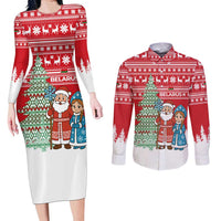 Belarus Christmas Couples Matching Long Sleeve Bodycon Dress and Long Sleeve Button Shirt with Ded Moroz Snow Maiden Christmas Tree and Nordic Pattern Design - Wonder Print Shop