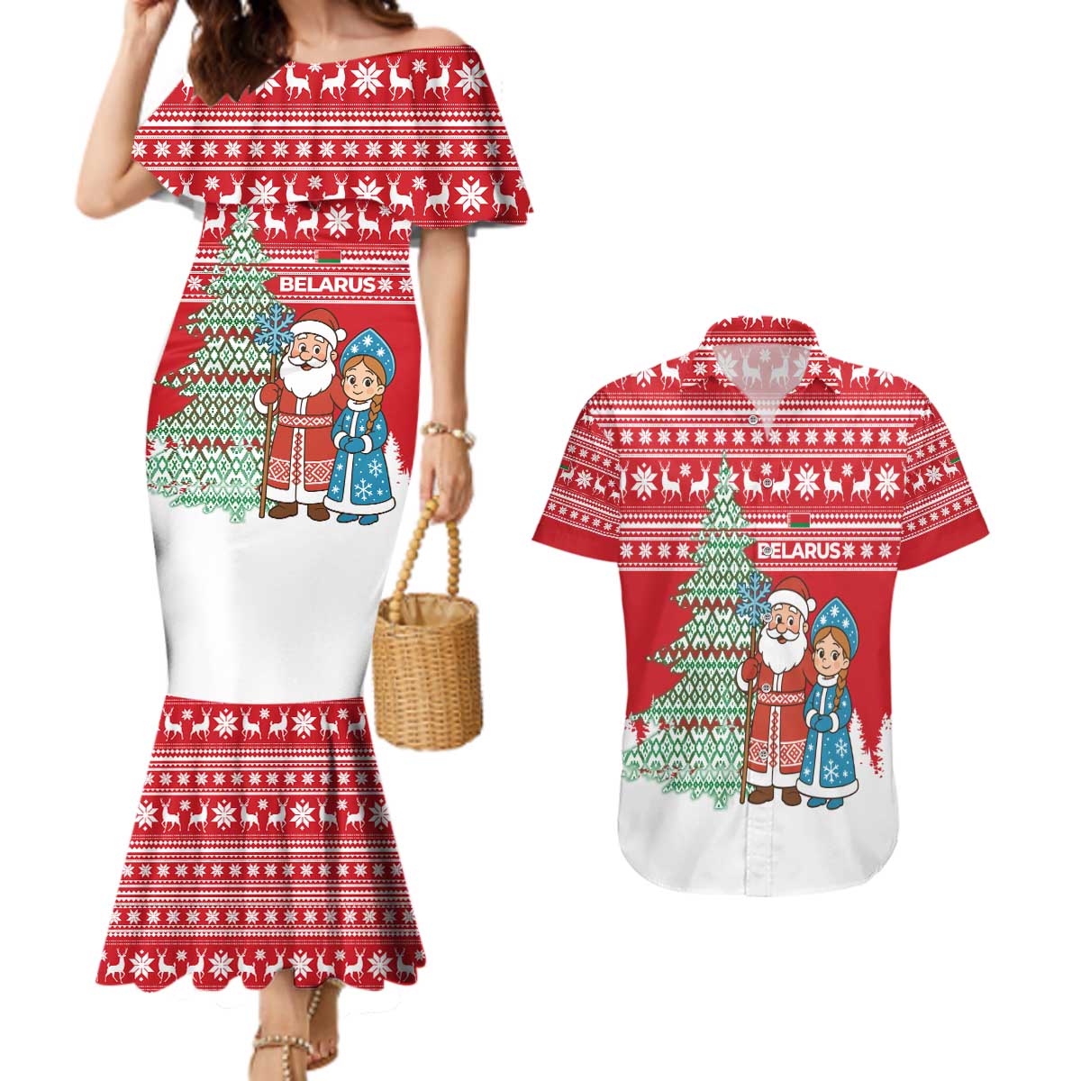 Belarus Christmas Couples Matching Mermaid Dress and Hawaiian Shirt with Ded Moroz Snow Maiden Christmas Tree and Nordic Pattern Design - Wonder Print Shop