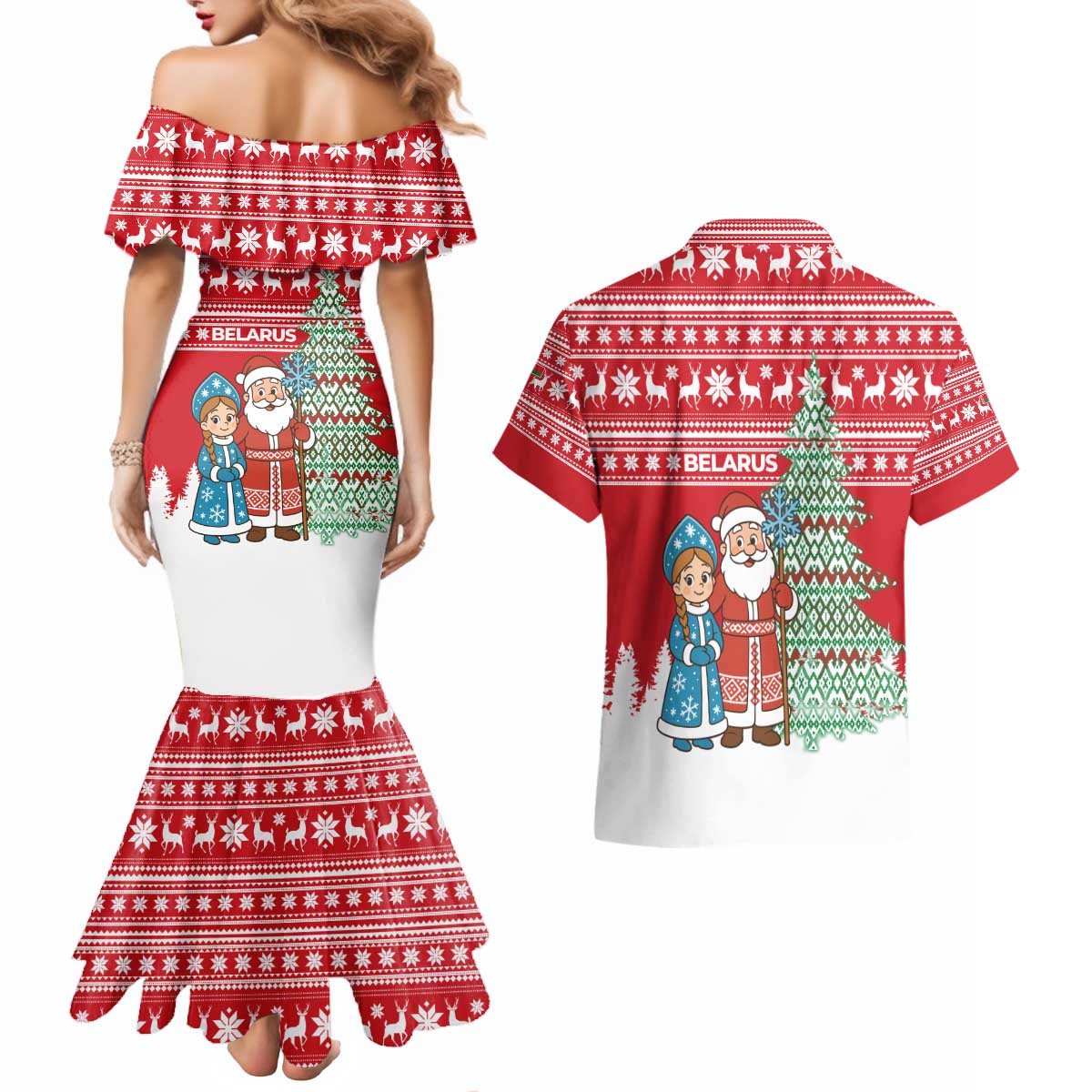 Belarus Christmas Couples Matching Mermaid Dress and Hawaiian Shirt with Ded Moroz Snow Maiden Christmas Tree and Nordic Pattern Design - Wonder Print Shop