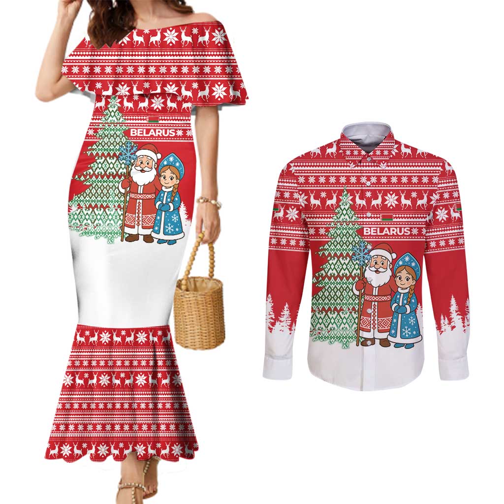 Belarus Christmas Couples Matching Mermaid Dress and Long Sleeve Button Shirt with Ded Moroz Snow Maiden Christmas Tree and Nordic Pattern Design - Wonder Print Shop