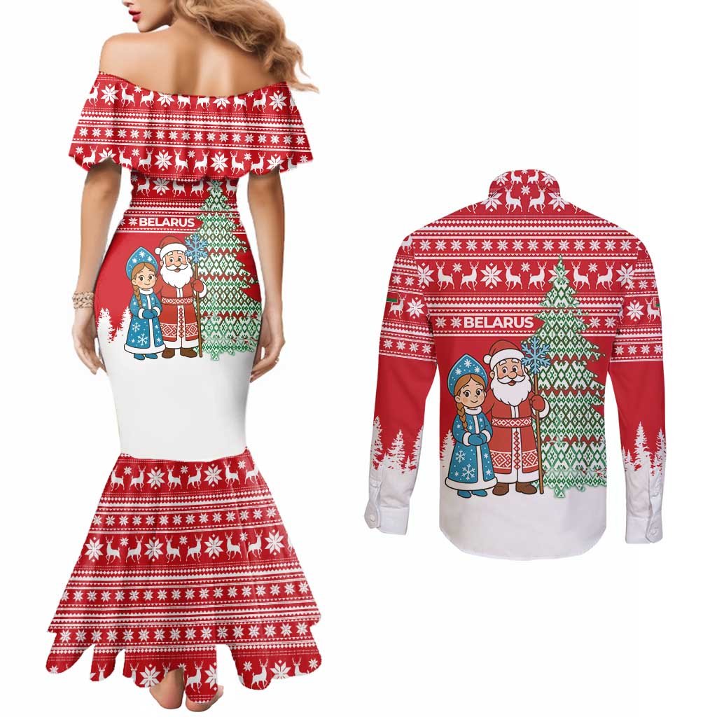 Belarus Christmas Couples Matching Mermaid Dress and Long Sleeve Button Shirt with Ded Moroz Snow Maiden Christmas Tree and Nordic Pattern Design - Wonder Print Shop