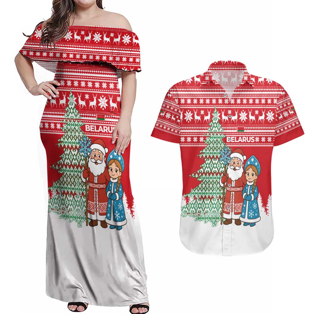 Belarus Christmas Couples Matching Off Shoulder Maxi Dress and Hawaiian Shirt with Ded Moroz Snow Maiden Christmas Tree and Nordic Pattern Design - Wonder Print Shop
