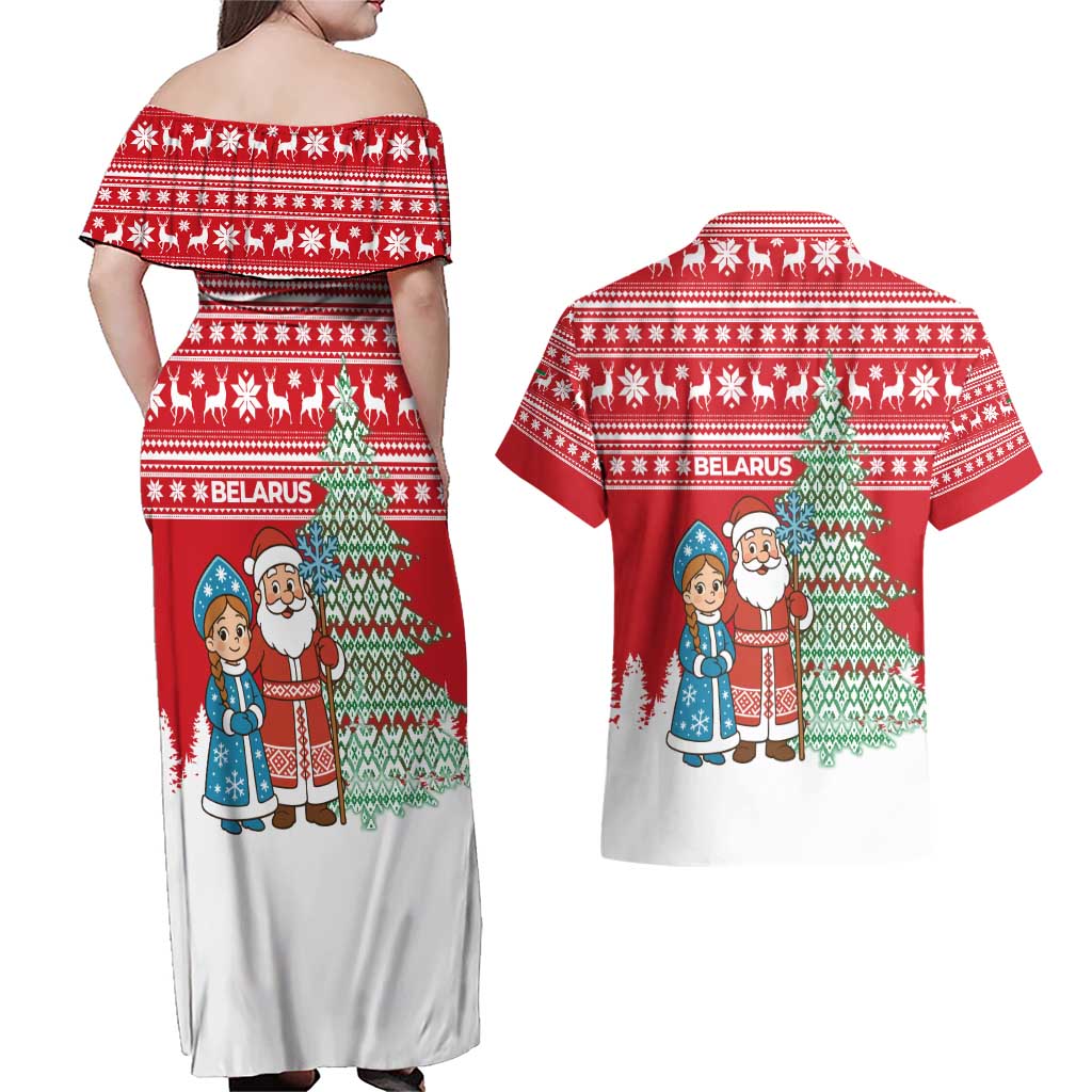 Belarus Christmas Couples Matching Off Shoulder Maxi Dress and Hawaiian Shirt with Ded Moroz Snow Maiden Christmas Tree and Nordic Pattern Design - Wonder Print Shop