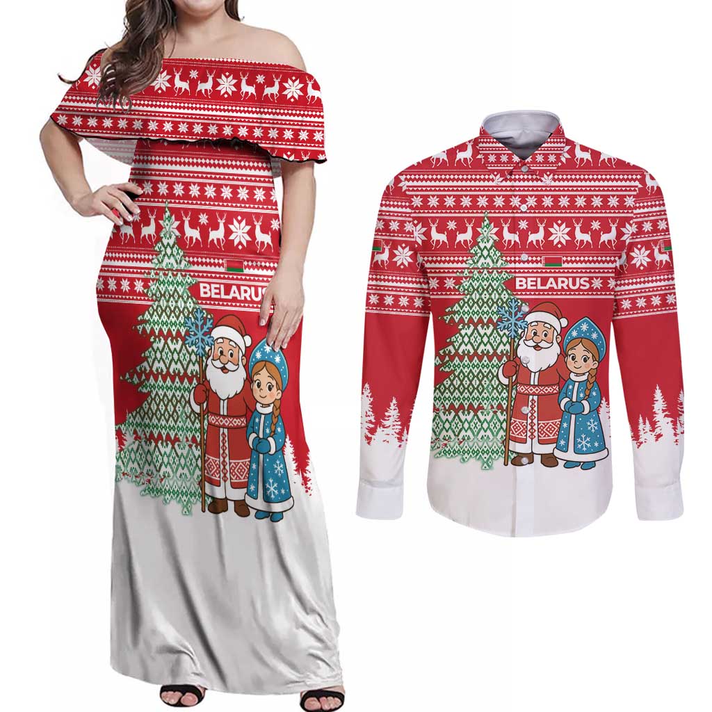 Belarus Christmas Couples Matching Off Shoulder Maxi Dress and Long Sleeve Button Shirt with Ded Moroz Snow Maiden Christmas Tree and Nordic Pattern Design - Wonder Print Shop