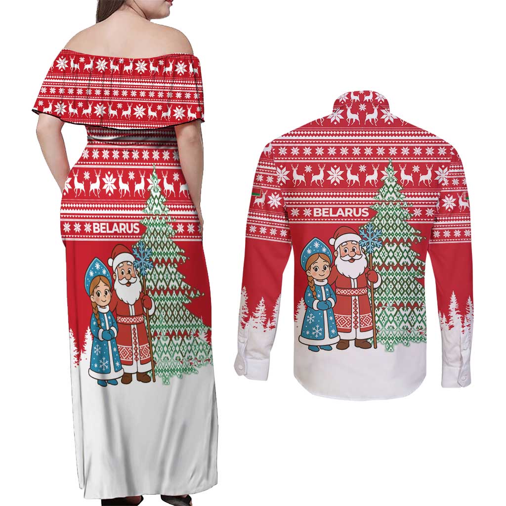 Belarus Christmas Couples Matching Off Shoulder Maxi Dress and Long Sleeve Button Shirt with Ded Moroz Snow Maiden Christmas Tree and Nordic Pattern Design - Wonder Print Shop