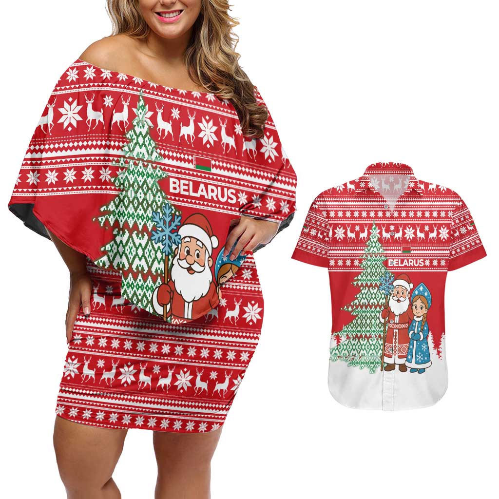 Belarus Christmas Couples Matching Off Shoulder Short Dress and Hawaiian Shirt with Ded Moroz Snow Maiden Christmas Tree and Nordic Pattern Design - Wonder Print Shop