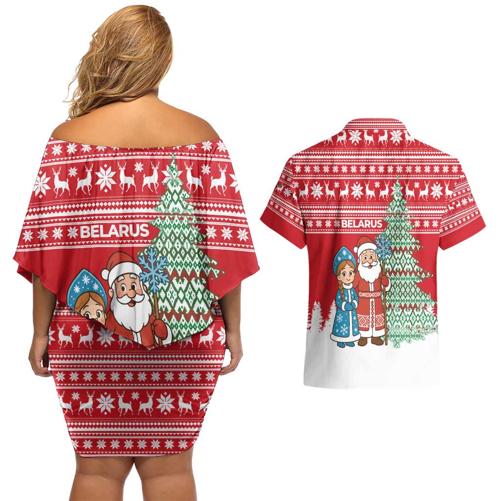 Belarus Christmas Couples Matching Off Shoulder Short Dress and Hawaiian Shirt with Ded Moroz Snow Maiden Christmas Tree and Nordic Pattern Design - Wonder Print Shop