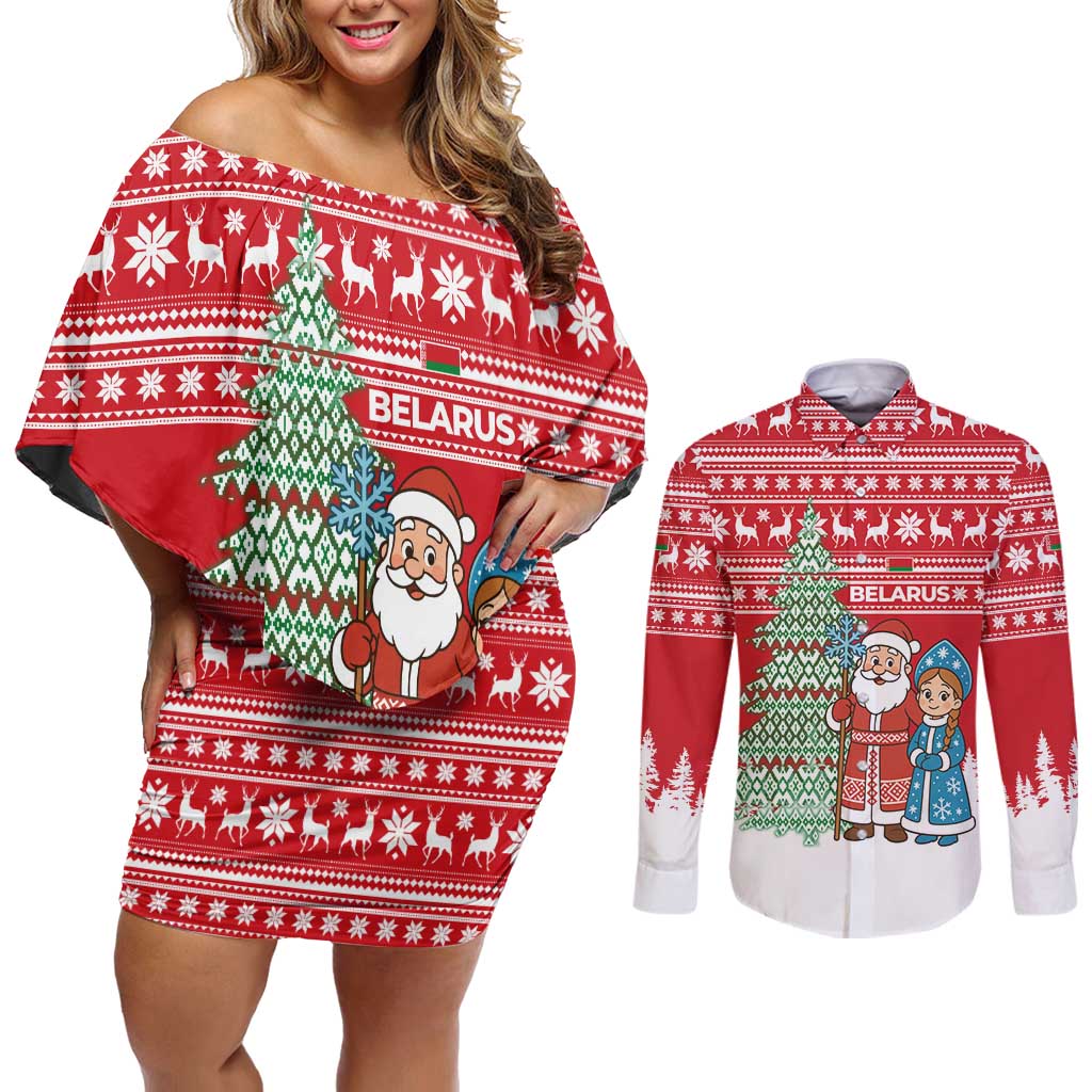 Belarus Christmas Couples Matching Off Shoulder Short Dress and Long Sleeve Button Shirt with Ded Moroz Snow Maiden Christmas Tree and Nordic Pattern Design - Wonder Print Shop