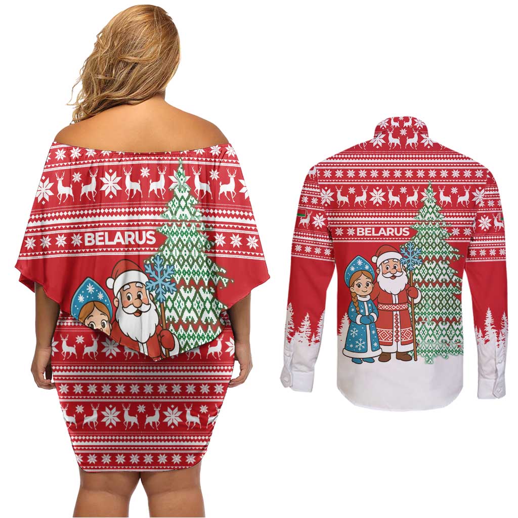 Belarus Christmas Couples Matching Off Shoulder Short Dress and Long Sleeve Button Shirt with Ded Moroz Snow Maiden Christmas Tree and Nordic Pattern Design - Wonder Print Shop