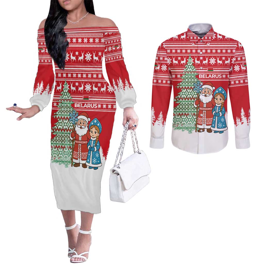 Belarus Christmas Couples Matching Off The Shoulder Long Sleeve Dress and Long Sleeve Button Shirt with Ded Moroz Snow Maiden Christmas Tree and Nordic Pattern Design - Wonder Print Shop