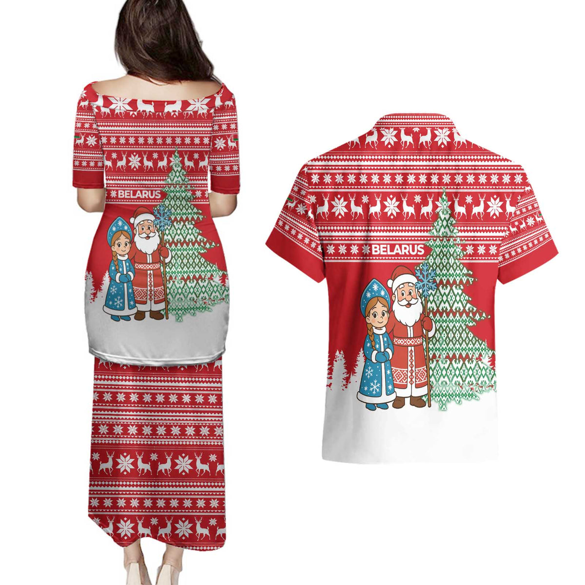 Belarus Christmas Couples Matching Puletasi and Hawaiian Shirt with Ded Moroz Snow Maiden Christmas Tree and Nordic Pattern Design - Wonder Print Shop