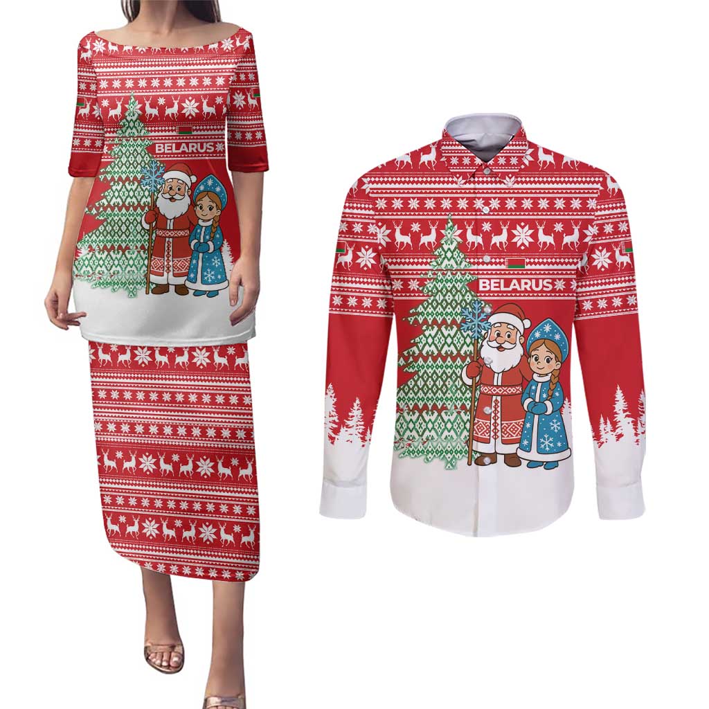 Belarus Christmas Couples Matching Puletasi and Long Sleeve Button Shirt with Ded Moroz Snow Maiden Christmas Tree and Nordic Pattern Design - Wonder Print Shop