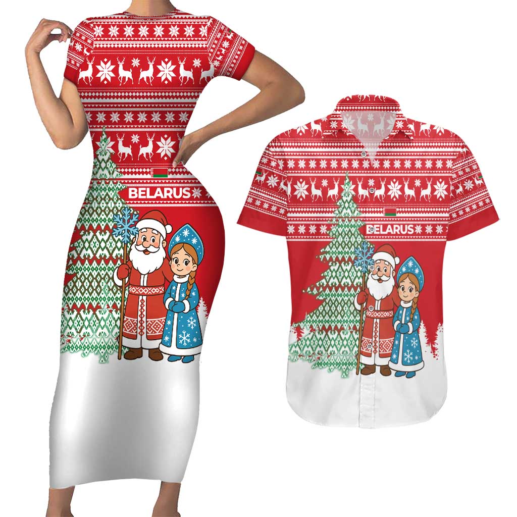 Belarus Christmas Couples Matching Short Sleeve Bodycon Dress and Hawaiian Shirt with Ded Moroz Snow Maiden Christmas Tree and Nordic Pattern Design - Wonder Print Shop