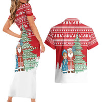 Belarus Christmas Couples Matching Short Sleeve Bodycon Dress and Hawaiian Shirt with Ded Moroz Snow Maiden Christmas Tree and Nordic Pattern Design - Wonder Print Shop