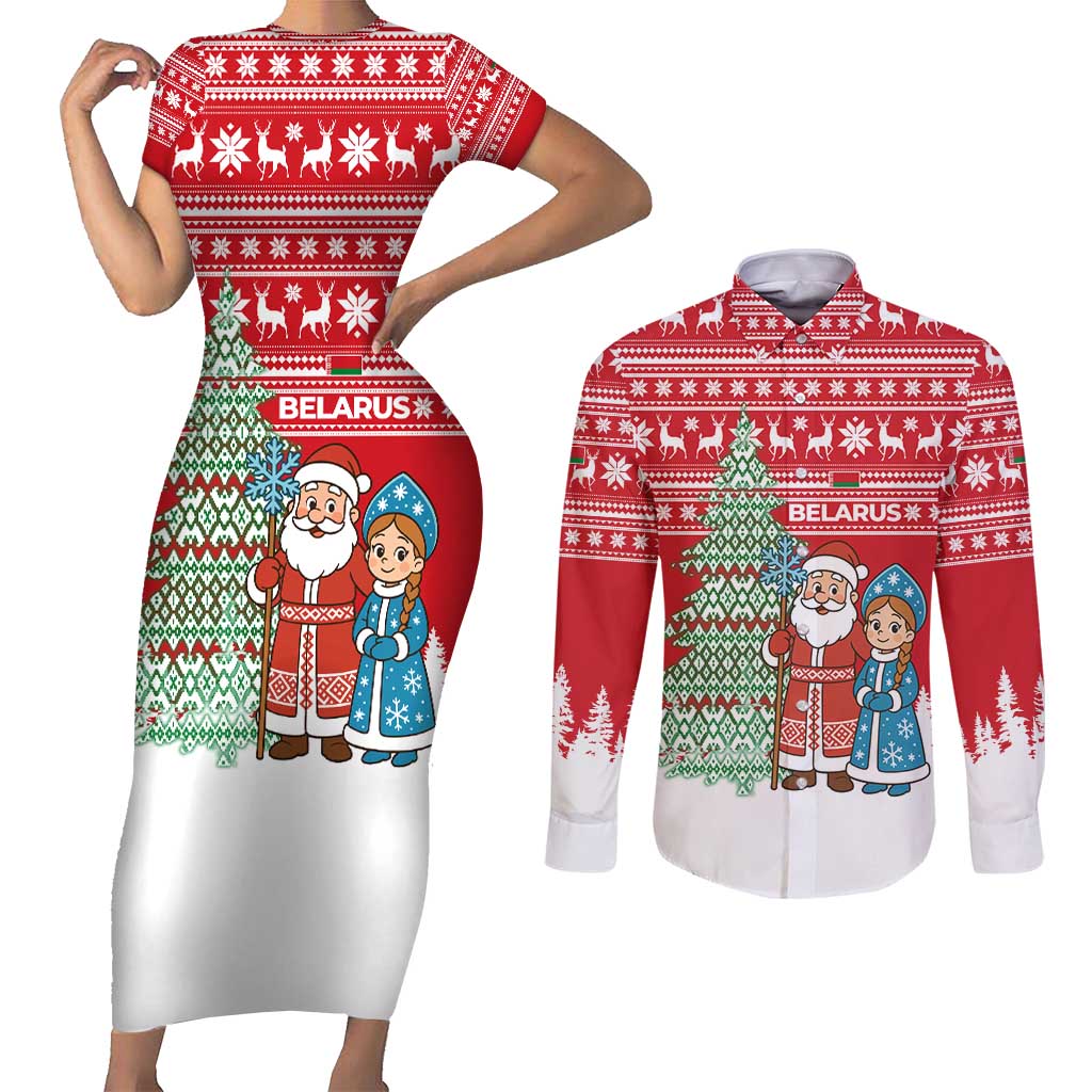 Belarus Christmas Couples Matching Short Sleeve Bodycon Dress and Long Sleeve Button Shirt with Ded Moroz Snow Maiden Christmas Tree and Nordic Pattern Design - Wonder Print Shop