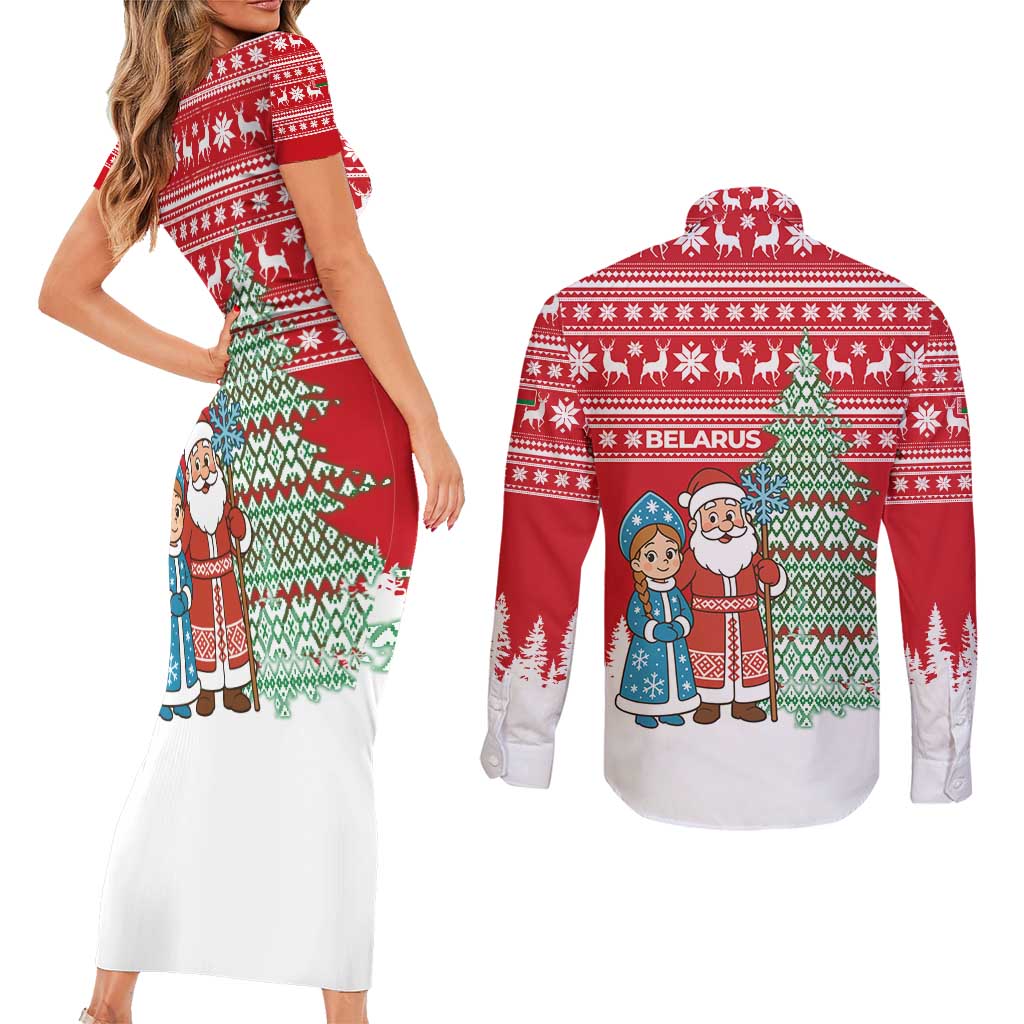 Belarus Christmas Couples Matching Short Sleeve Bodycon Dress and Long Sleeve Button Shirt with Ded Moroz Snow Maiden Christmas Tree and Nordic Pattern Design - Wonder Print Shop