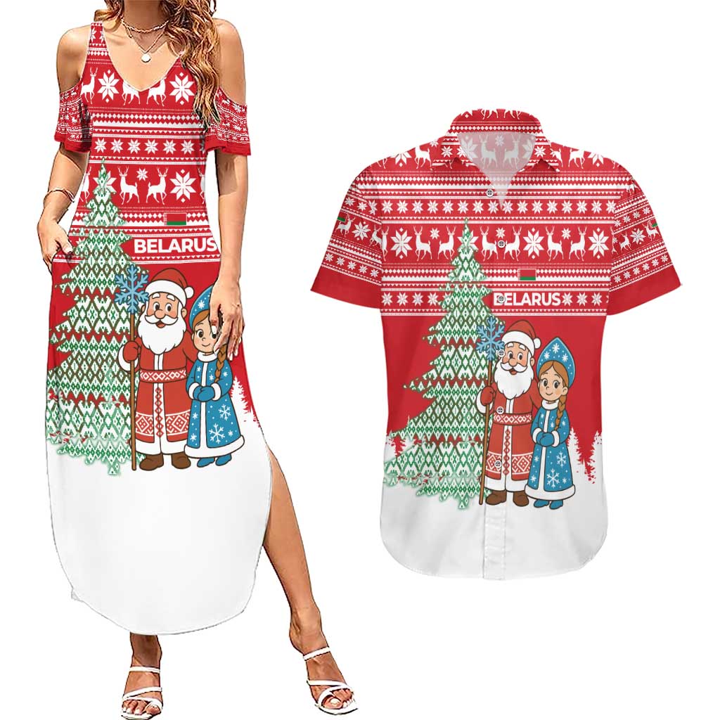Belarus Christmas Couples Matching Summer Maxi Dress and Hawaiian Shirt with Ded Moroz Snow Maiden Christmas Tree and Nordic Pattern Design - Wonder Print Shop