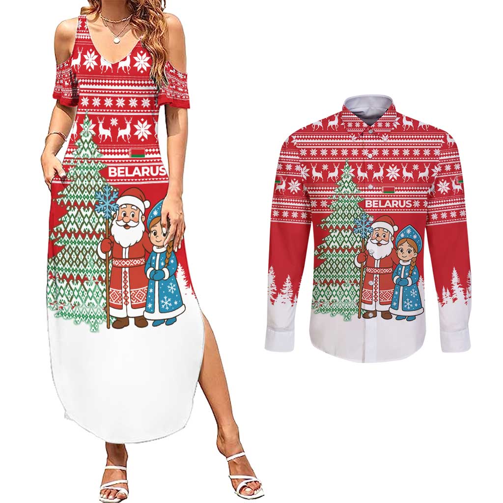 Belarus Christmas Couples Matching Summer Maxi Dress and Long Sleeve Button Shirt with Ded Moroz Snow Maiden Christmas Tree and Nordic Pattern Design - Wonder Print Shop