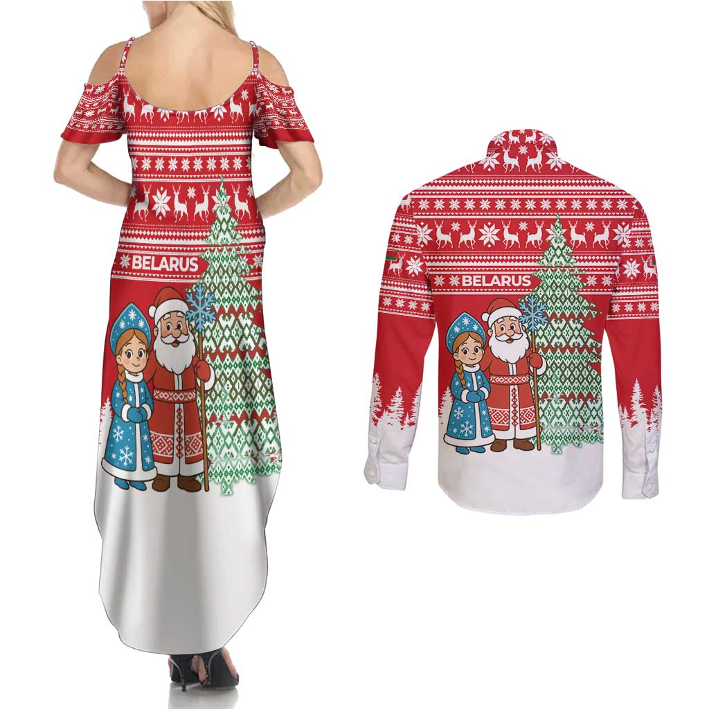 Belarus Christmas Couples Matching Summer Maxi Dress and Long Sleeve Button Shirt with Ded Moroz Snow Maiden Christmas Tree and Nordic Pattern Design - Wonder Print Shop