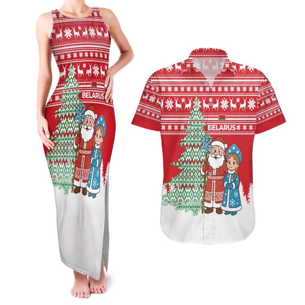 Belarus Christmas Couples Matching Tank Maxi Dress and Hawaiian Shirt with Ded Moroz Snow Maiden Christmas Tree and Nordic Pattern Design - Wonder Print Shop