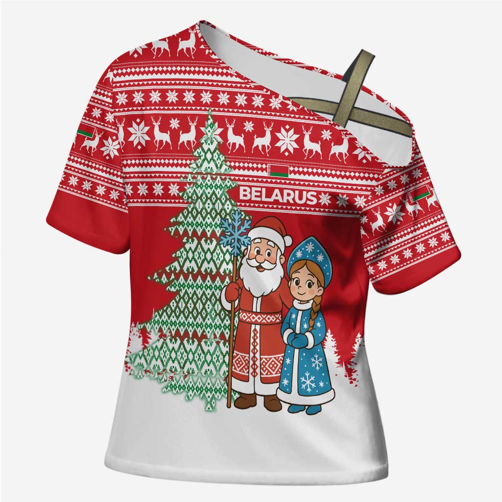 Belarus Christmas Cross Shoulder Shirt with Ded Moroz Snow Maiden Christmas Tree and Nordic Pattern Design - Wonder Print Shop
