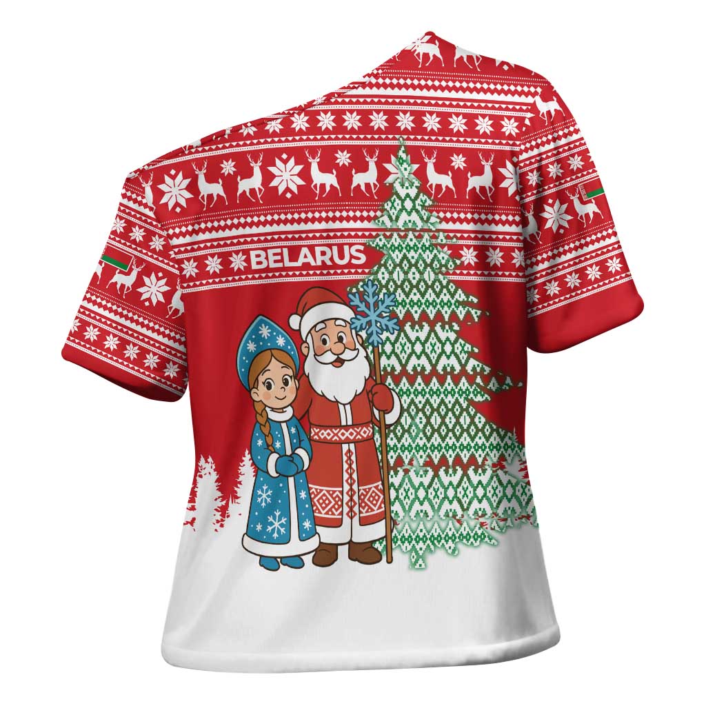 Belarus Christmas Cross Shoulder Shirt with Ded Moroz Snow Maiden Christmas Tree and Nordic Pattern Design - Wonder Print Shop