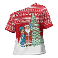 Belarus Christmas Cross Shoulder Shirt with Ded Moroz Snow Maiden Christmas Tree and Nordic Pattern Design - Wonder Print Shop