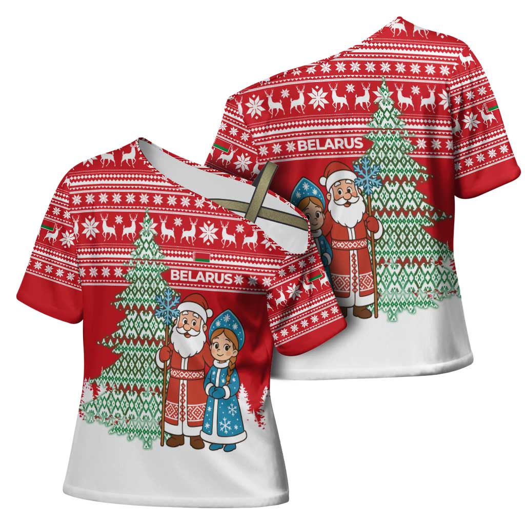 Belarus Christmas Cross Shoulder Shirt with Ded Moroz Snow Maiden Christmas Tree and Nordic Pattern Design - Wonder Print Shop