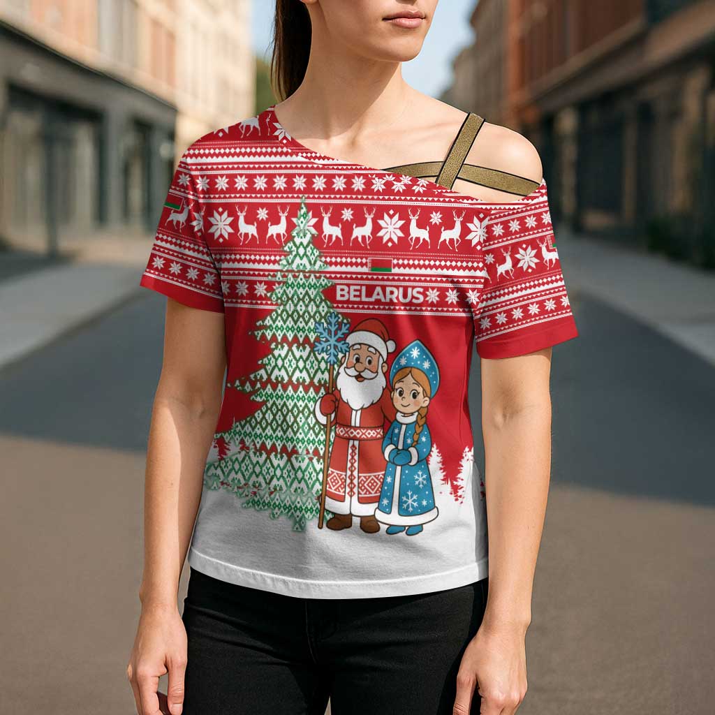 Belarus Christmas Cross Shoulder Shirt with Ded Moroz Snow Maiden Christmas Tree and Nordic Pattern Design - Wonder Print Shop
