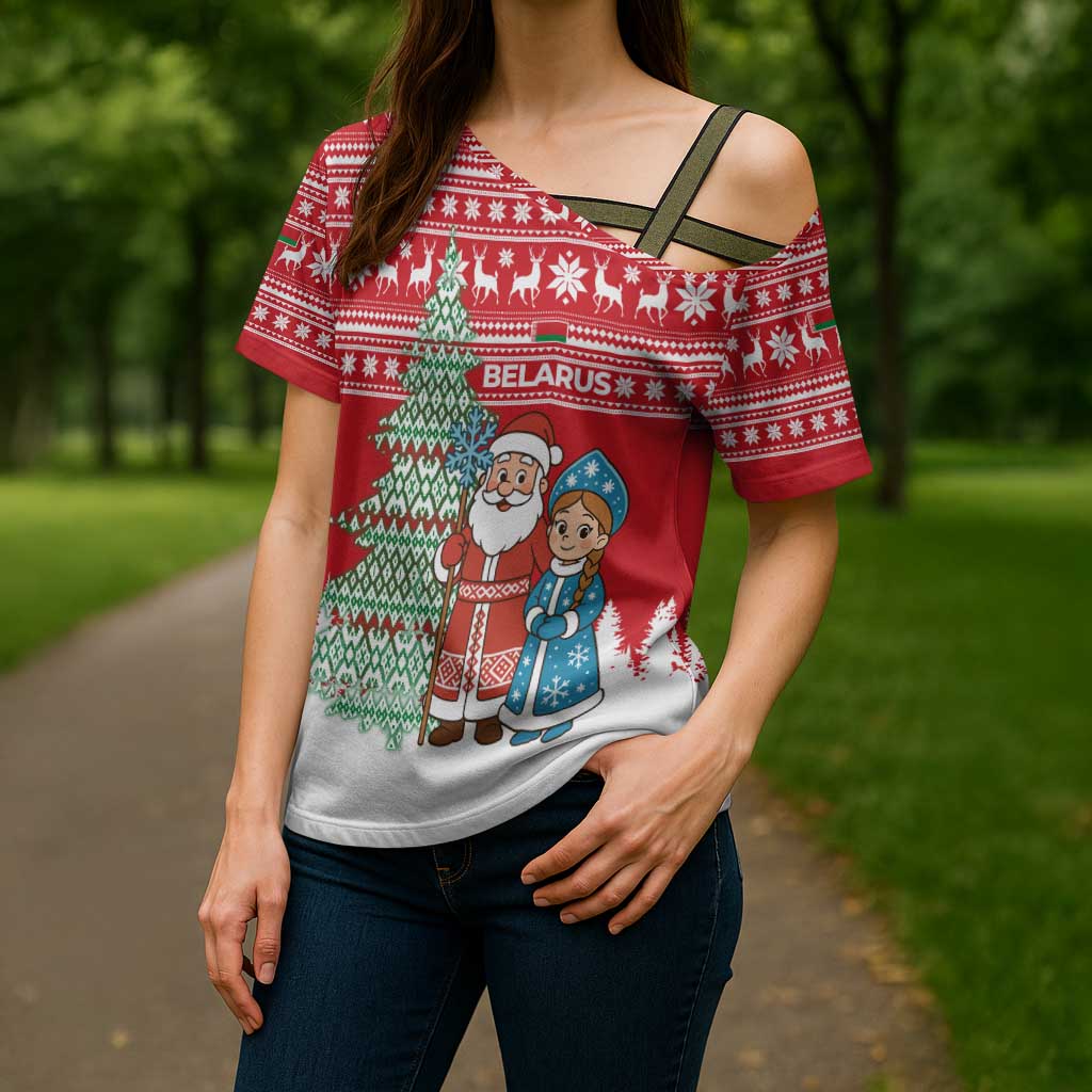 Belarus Christmas Cross Shoulder Shirt with Ded Moroz Snow Maiden Christmas Tree and Nordic Pattern Design - Wonder Print Shop