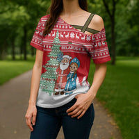 Belarus Christmas Cross Shoulder Shirt with Ded Moroz Snow Maiden Christmas Tree and Nordic Pattern Design - Wonder Print Shop