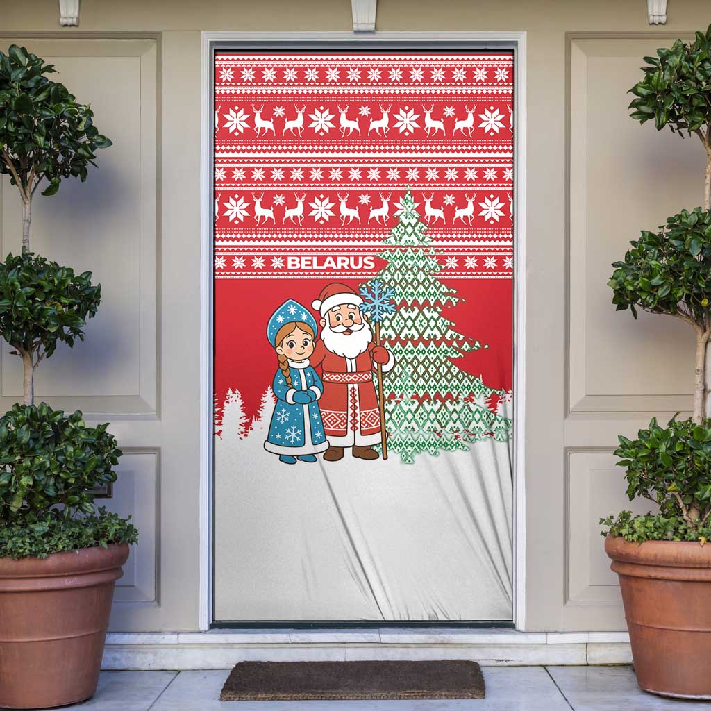 Belarus Christmas Door Cover with Ded Moroz Snow Maiden Christmas Tree and Nordic Pattern Design - Wonder Print Shop