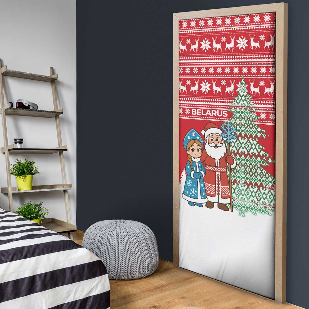 Belarus Christmas Door Cover with Ded Moroz Snow Maiden Christmas Tree and Nordic Pattern Design - Wonder Print Shop