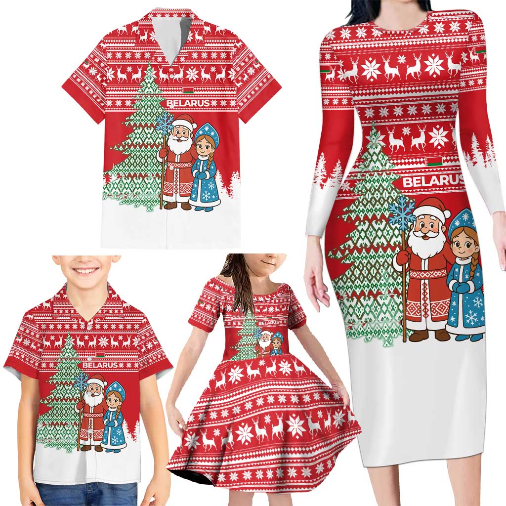 Belarus Christmas Family Matching Long Sleeve Bodycon Dress and Hawaiian Shirt with Ded Moroz Snow Maiden Christmas Tree and Nordic Pattern Design - Wonder Print Shop