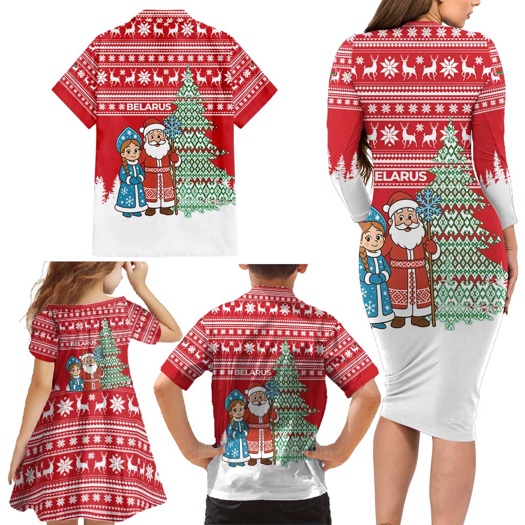 Belarus Christmas Family Matching Long Sleeve Bodycon Dress and Hawaiian Shirt with Ded Moroz Snow Maiden Christmas Tree and Nordic Pattern Design - Wonder Print Shop