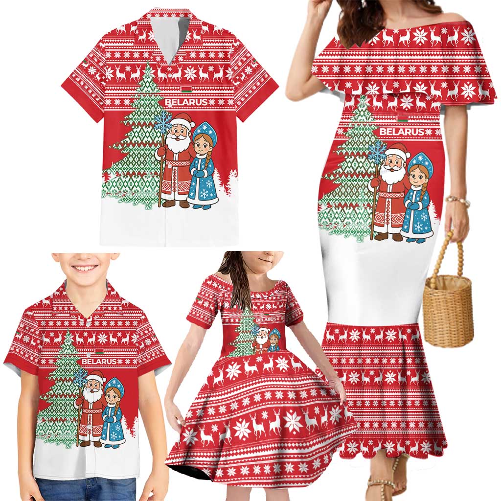Belarus Christmas Family Matching Mermaid Dress and Hawaiian Shirt with Ded Moroz Snow Maiden Christmas Tree and Nordic Pattern Design - Wonder Print Shop