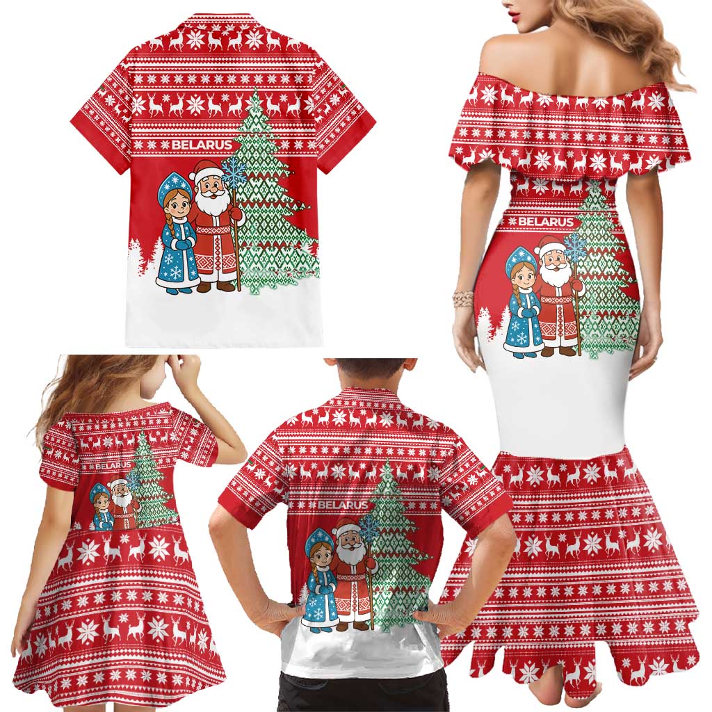 Belarus Christmas Family Matching Mermaid Dress and Hawaiian Shirt with Ded Moroz Snow Maiden Christmas Tree and Nordic Pattern Design - Wonder Print Shop