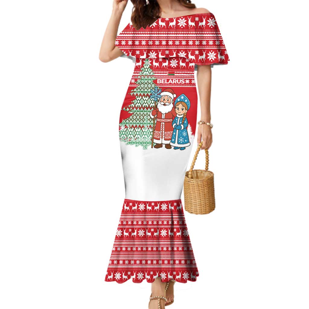 Belarus Christmas Family Matching Mermaid Dress and Hawaiian Shirt with Ded Moroz Snow Maiden Christmas Tree and Nordic Pattern Design - Wonder Print Shop